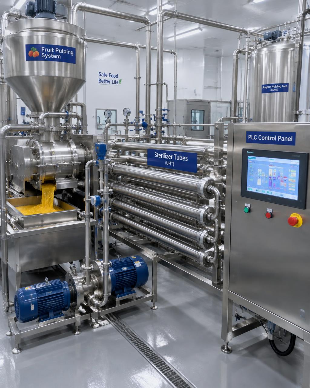 Fruit pulping system, sterilizer tubes and PLC control panel in a stainless steel processing line